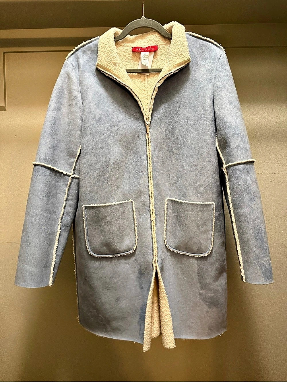 Anne Klein Light Blue Faux Suede Shearling Coat Medium